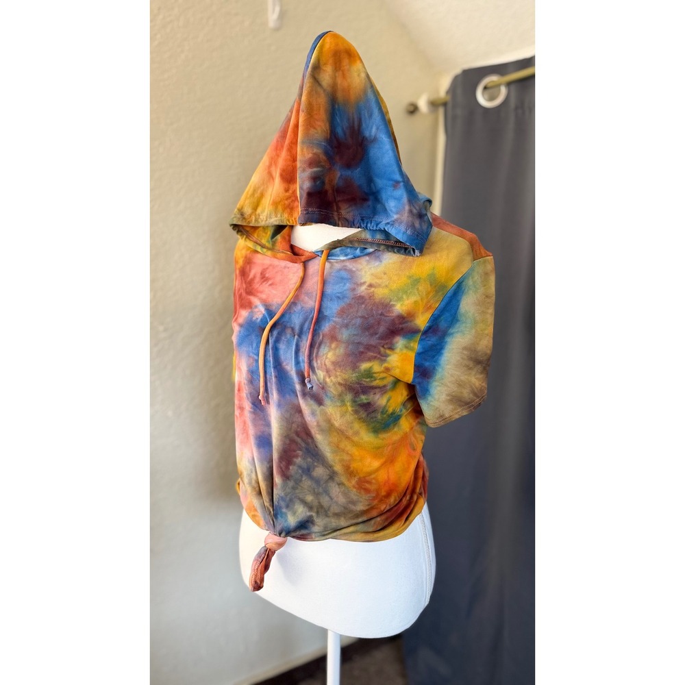 Madrag Tie Dye Short Sleeve Hoodie Multi Color Front Tie Crop Top Small - Picture 10 of 10